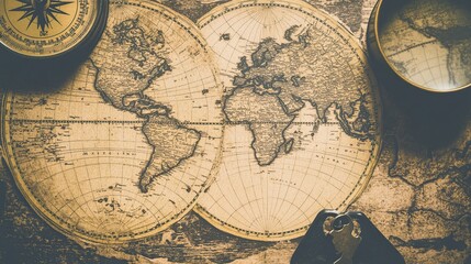 A detailed close-up of a vintage world map laid out on an old wooden table. Surrounding elements include a compass, magnifying glass, and antique keys. Warm sepia tones create a nostalgic atmosphere.