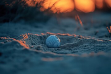 Golf ball resting in sand trap during late afternoon light on a golf course landscape