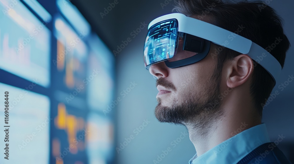 Poster focused male professional using virtual reality headset while analyzing digital data on high-tech sc