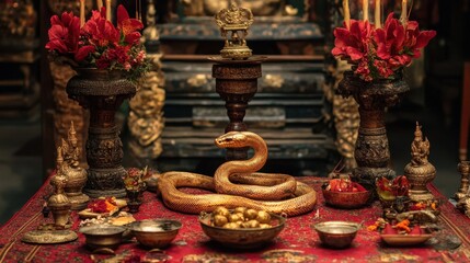 Fototapeta premium Serene Temple Altar with Coiled Snake and Flowers