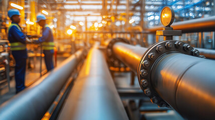 Two workers inspect large pipes at an industrial plant. The setting sun casts a warm glow on the scene.
