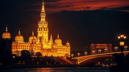 Obraz premium A retro-inspired design featuring a famous landmark glowing in a warm golden light