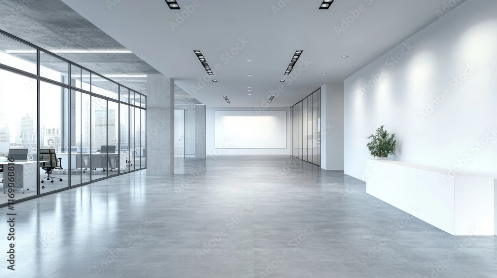 Poster blurred empty office interior with abstract light bokeh effect, modern workspace with soft focus bac
