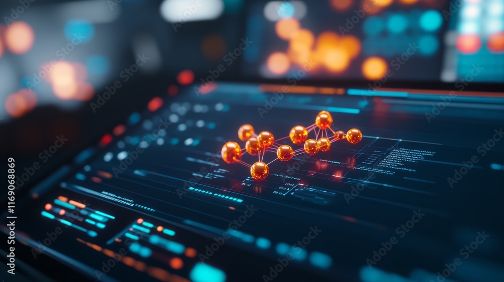 Poster futuristic digital display featuring molecular structures with glowing orbs representing atomic inte