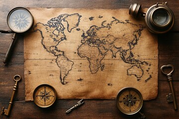 A detailed close-up of a vintage world map laid out on an old wooden table. Surrounding elements include a compass, magnifying glass, and antique keys. Warm sepia tones create a nostalgic atmosphere.