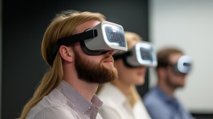 Group of Young Adults Engaging in Virtual Reality Experience with Headsets in Modern Office Environment, Exploring Innovative Technology and Digital Interaction