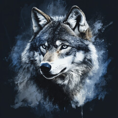 Fototapeta premium Wolf illustration with bright eyes on a dark background in watercolor style