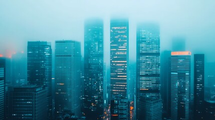 Enigmatic Cityscape at Dusk: A Misty Skyline with Tall Skyscrapers, Illuminated Windows, and an Atmospheric Fog in an Urban Landscape