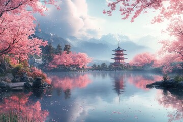 Fototapeta premium idyllic illustration of a serene japanese garden featuring cherry blossoms a tranquil pond and a traditional pagoda embodying peace and harmony in nature