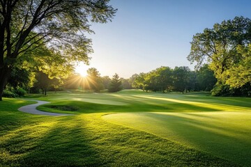 Beautiful aerial view of a lush golf course surrounded by trees during the golden hour of sunset
