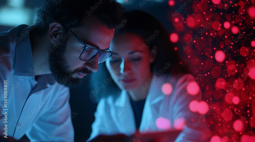 Poster two professionals collaborate on data analysis in a dark laboratory, with digital visualizations and