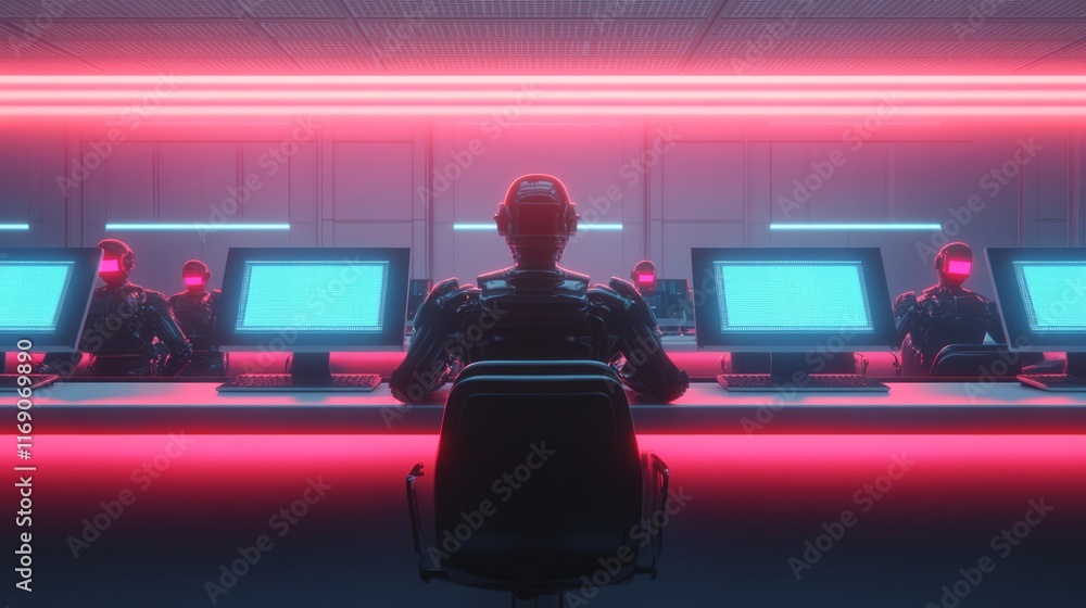 Aufkleber futuristic cybernetic control room with neon lights and human-like robots engaged in data monitoring