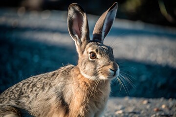 Close-up of a hare in natural light. A detailed close-up of a brown hare outdoors, with sharp focus on its large ears and whiskers, illuminated by natural light