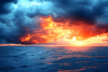 Fototapeta premium Fiery sunset over dramatic ocean waves and stormy clouds.
