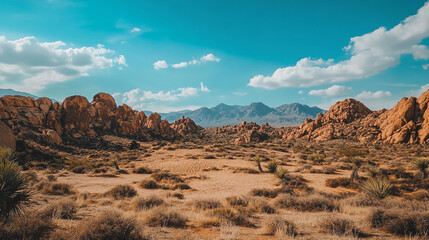 Naklejka premium Beautiful desert landscape with rock formations and distant mountains under a bright blue sky