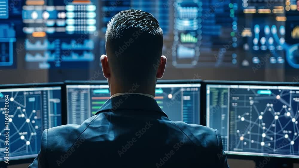 Poster In a high-tech office environment, a professional analyzes a series of digital screens filled with intricate data visualizations and analytics. The atmosphere is focused and modern.