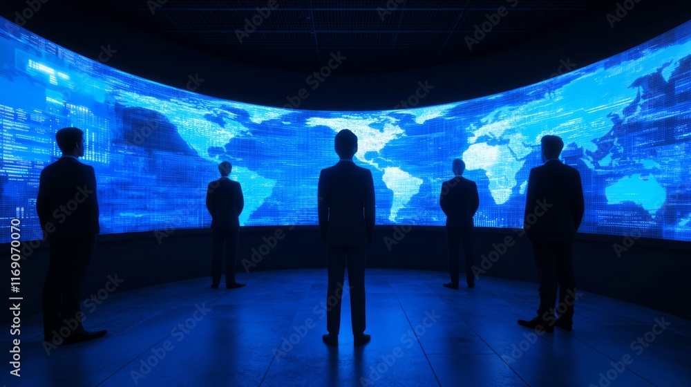 Poster group of business professionals analyzing global data on high-technology screen with visualizations 