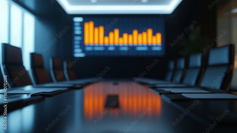 Aufkleber modern conference room with empty chairs and digital bar graph displaying business statistics and tr