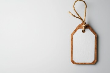 Classic price tag design with string loop on white background product labeling minimalist style studio setting eye-level view trendy concept