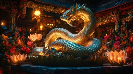Fototapeta premium Golden Snake Statue at Temple Entrance