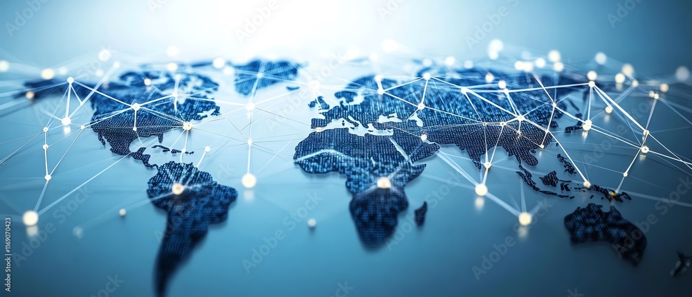 Poster abstract digital design showcasing a global business network with interconnected nodes and lines, re