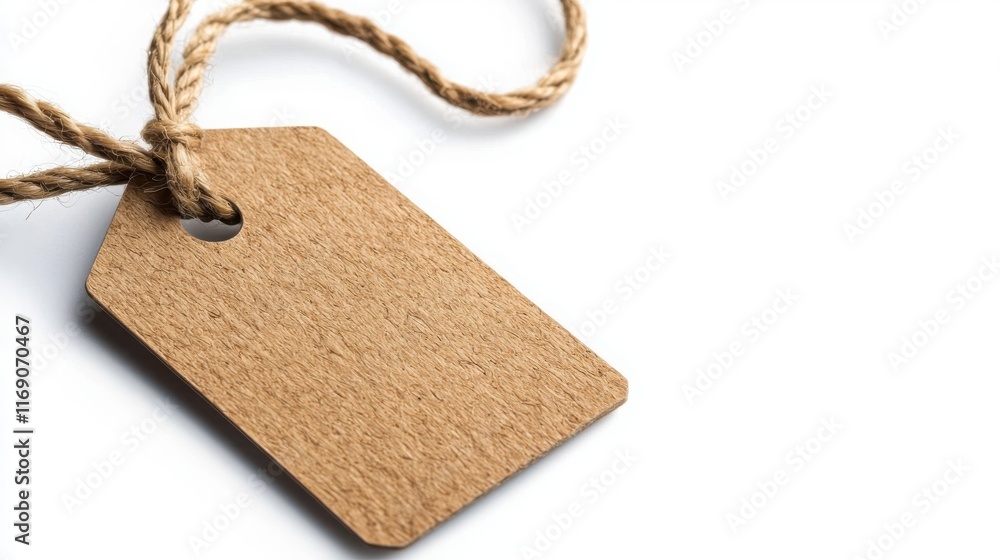 Poster classic rectangular retail tag with decorative string close-up shot studio setting minimalist design