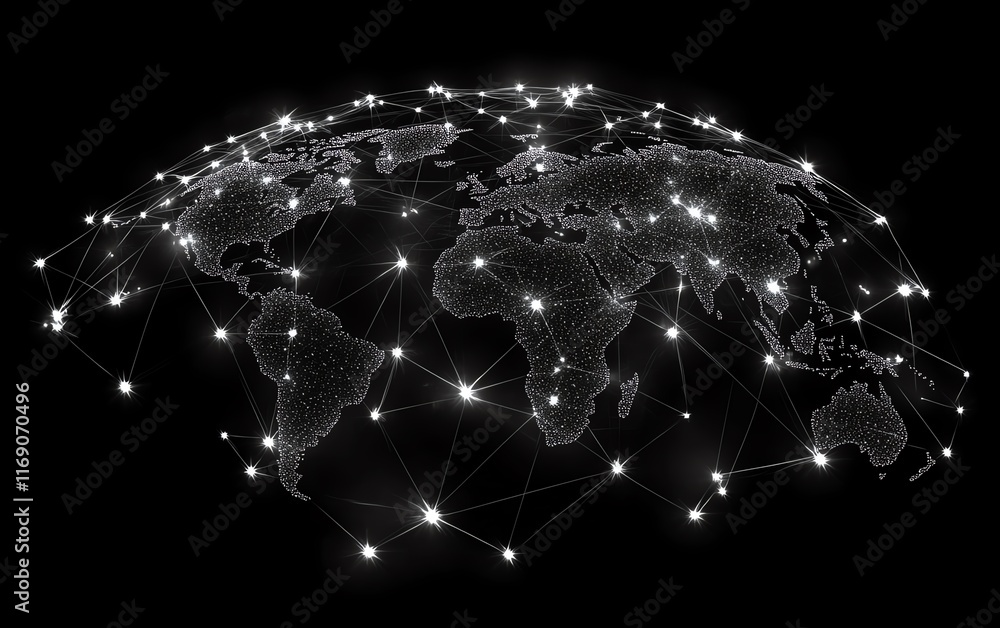 Poster abstract digital globe with interconnected nodes and lines, representing global business networks, s
