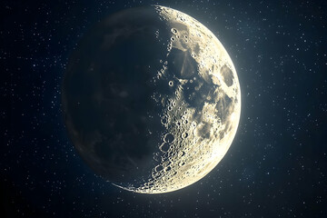 Fototapeta premium Half moon, illuminated craters, starry night sky.