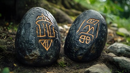 two magic rocks with magic runes carved into the front t