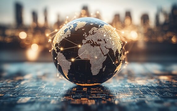 Abstract digital globe with interconnected nodes and lines, representing global business networks, social media connections, and corporate communication in a techdriven world - Powered by Adobe