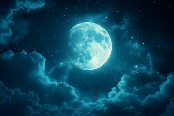 Full moon shining brightly in a night sky filled with clouds and stars.