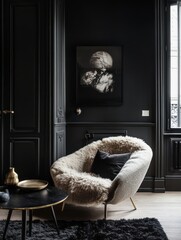 Modern Room Decor Featuring a Furry Chair and Dark Walls