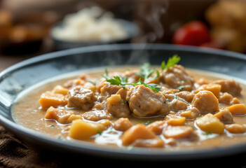 A close-up photo of a cooked creamy meat dish, a stew meat
