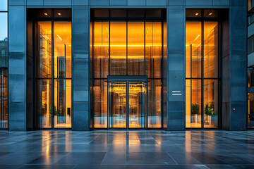 Fototapeta premium Modern building entrance at dusk, glass doors, warm interior lighting, sleek design.