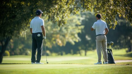 Obraz premium Golfers enjoying a sunny afternoon on the course with vibrant blue skies and lush green grass