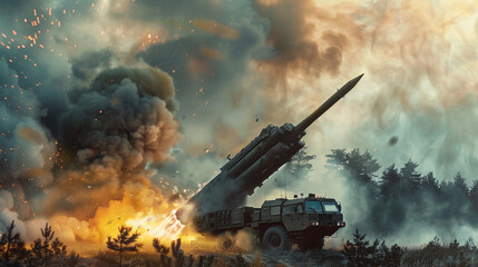 Obraz premium Missile launch from a military vehicle amidst a dramatic explosion and smoke, capturing intense action and warfare dynamics.