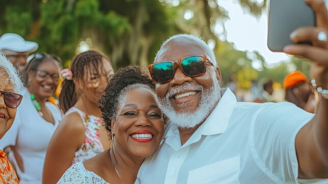 Happy senior couple taking a selfie with family