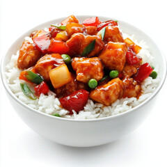 Delicious chicken stir fry with colorful vegetables served over fluffy rice, creating vibrant and appetizing meal. Perfect for any occasion