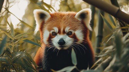 Naklejka premium Red Panda in Bamboo Forest: A Captivating Portrait