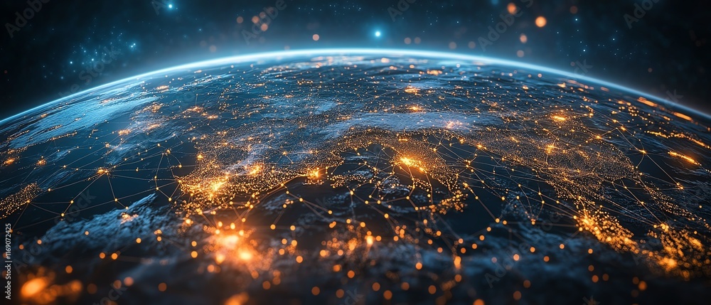 Poster global business network visualization with a web of connected nodes and lines, abstract digital desi