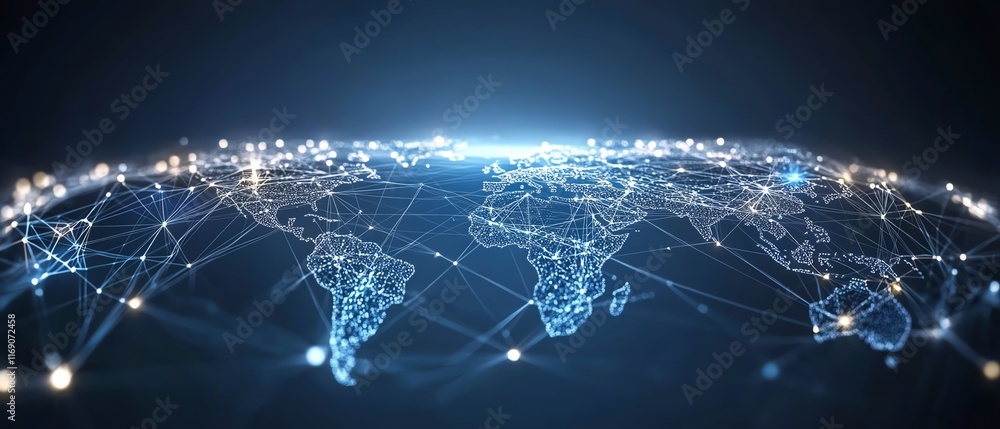 Poster global business network visualization with a web of connected nodes and lines, abstract digital desi