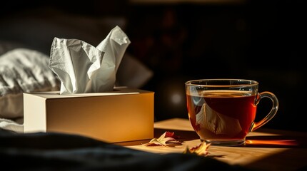 Tissue box and tea cup on bedside table with autumn leaves