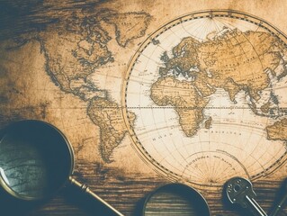 Fototapeta premium A detailed close-up of a vintage world map laid out on an old wooden table. Surrounding elements include a compass, magnifying glass, and antique keys. Warm sepia tones create a nostalgic atmosphere.