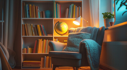 Cozy Reading Nook with Books and Globe Ideal for Homeschooling Ambiance
