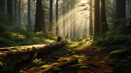 Obraz premium Sunlit Forest Path Mossy Ground Redwood Trees