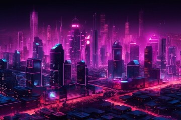 Fototapeta premium Neon pink cityscape with glowing skyscrapers and a futuristic aesthetic. AI generative. .