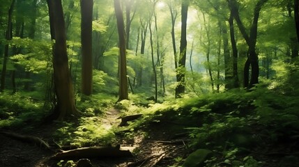 Obraz premium Sunlit Path Through Lush Green Forest Canopy