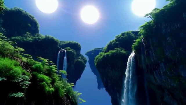 A beautiful mountain landscape with three waterfalls and two suns in the sky. The suns are positioned above the waterfalls, creating a serene and peaceful atmosphere
