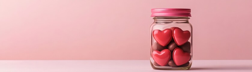 Fototapeta premium A glass jar filled with red heart-shaped chocolates, set against a soft pink background, evoking feelings of love and sweetness.