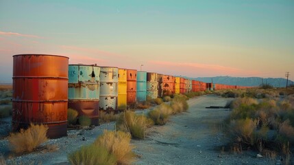 Sunset Over Weathered Industrial Barrels in Desert Landscape